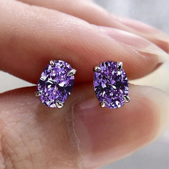 925 Silver Mens 2ct Oval Purple Amethyst Gemstone Stud Earrings Guys New Jewelry